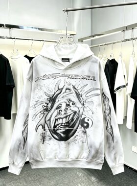 Hellstar水洗做旧太极小丑人像连帽卫衣美式高街宽松重磅帽衫男女