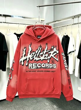 美式复古地狱之星洗水做旧小丑人像连帽卫衣街头嘻哈宽松潮牌帽衫