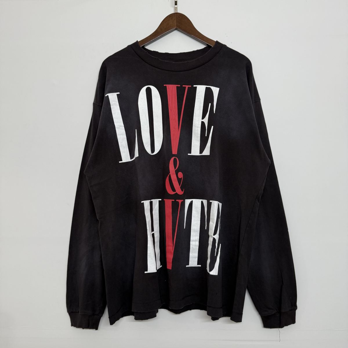 saint联名V水洗做旧长袖LOVE&HATE开裂印花高街复古做旧长袖T恤潮