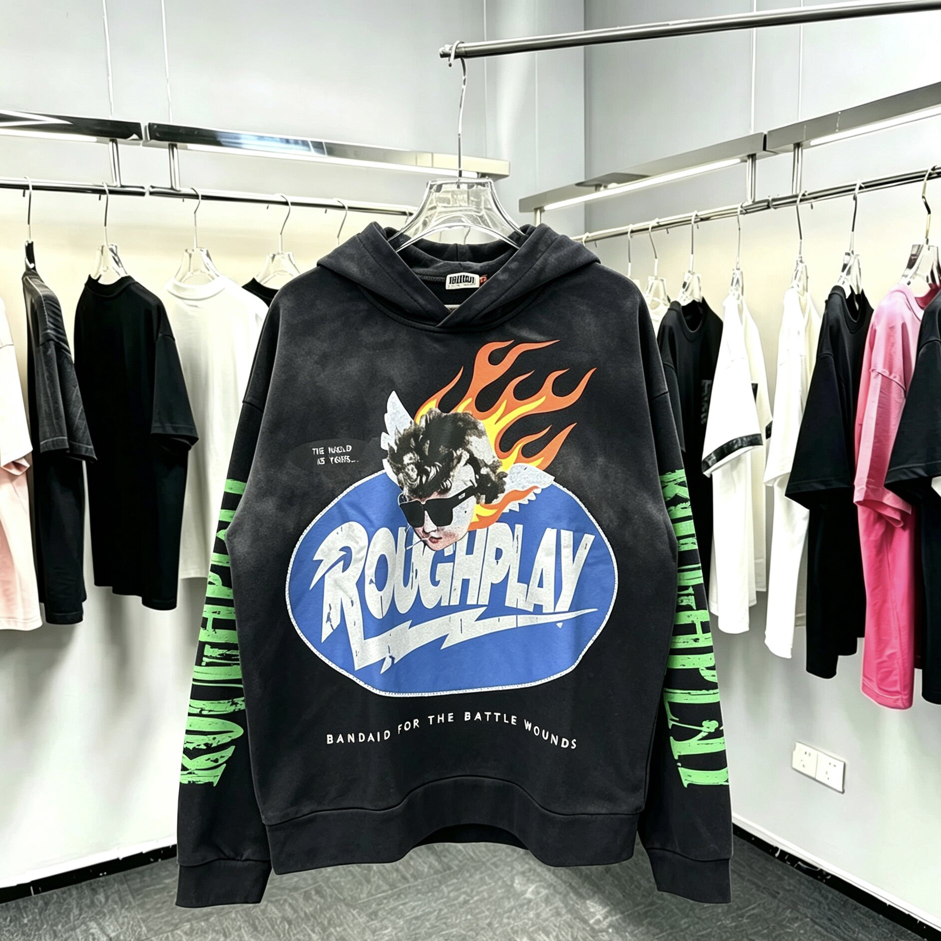 ROUGHPLAY高街火焰人像印花烫钻连帽卫衣美式宽松复古潮牌帽衫潮
