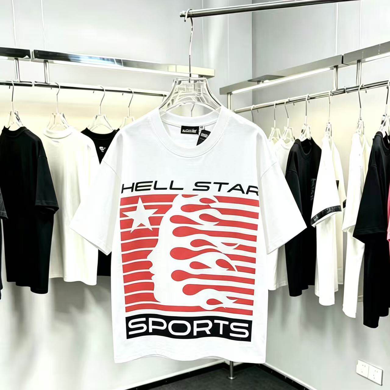 美式复古SPORTS条纹人像短袖Hell地狱之星后背火焰情侣宽松T恤夏