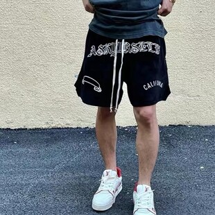 Askyurself丝绒刺绣logo字母抽绳松紧短裤夏季男士休闲宽松运动裤