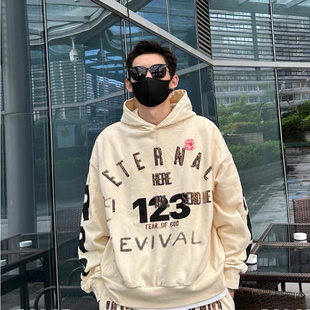 FOG x RRR123联名重磅字母水洗做旧涂鸦加绒宽松男士连帽卫衣帽衫