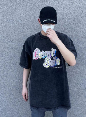 GALLERY DEPT美式潮牌水洗做旧vintage彩虹烫金字母宽松短袖T恤夏