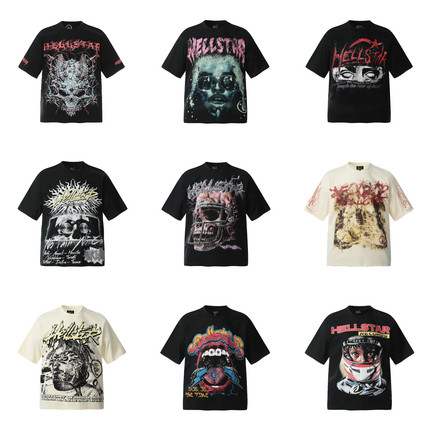 正确hell地狱之星美式复古创意图案直喷印花男女同款宽松短袖T恤