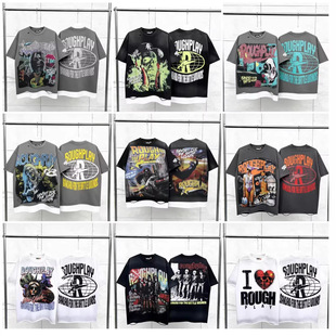 Play卡通印花泥印破洞做旧洗水短袖 T恤 潮牌Rough 跨境专攻美式