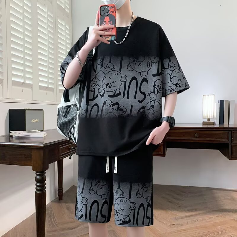 胖子华夫格t恤男士夏季潮牌宽松大码短袖短裤特大码一套运动套装