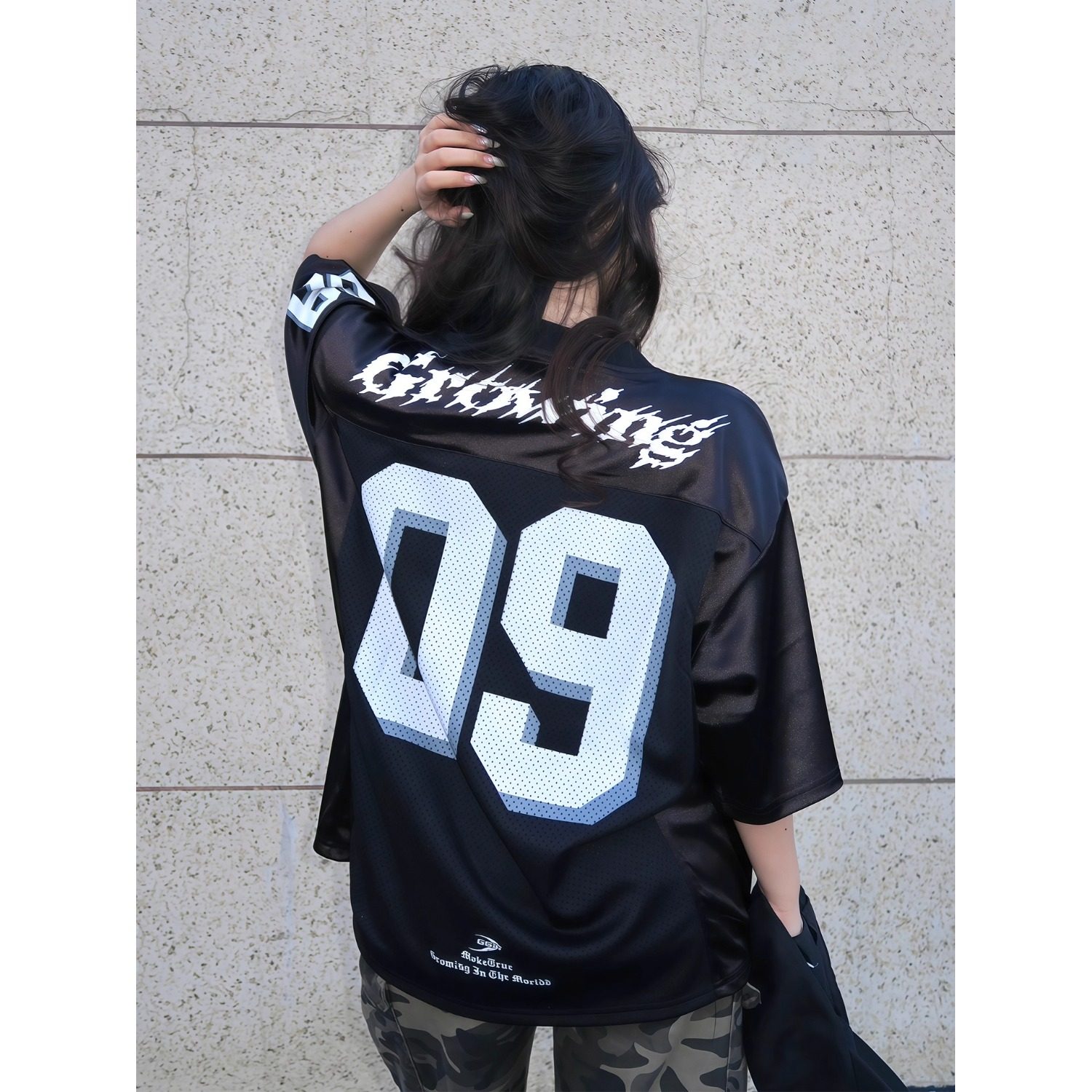 美式复古运动风短袖t恤女夏季宽松显瘦橄榄球衣黑色情侣潮牌上衣