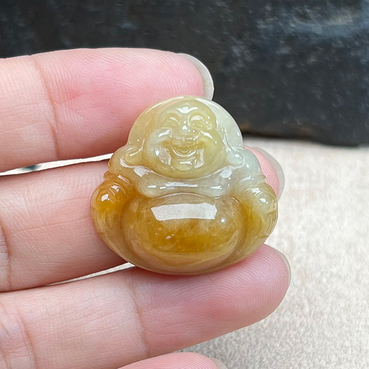 缅甸天然黄翡翠A货笑佛吊坠送证