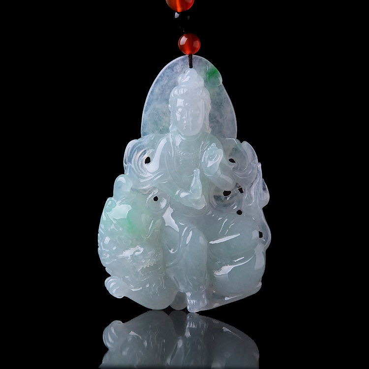 玉石寨玉器H缅甸A货翡翠冰种玉观音玉佩飘绿精工男款文殊吊坠