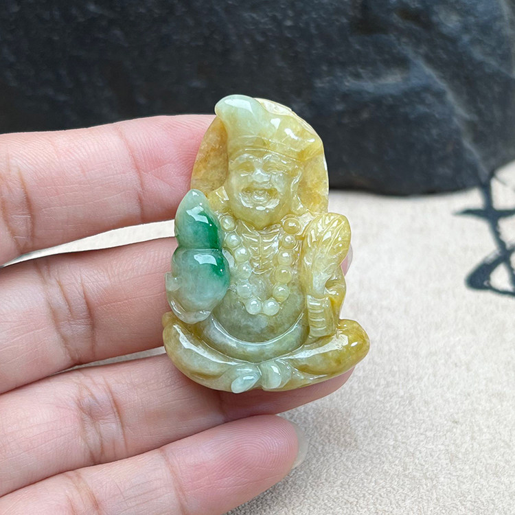 天然缅甸A货三彩黄加绿济公吊坠