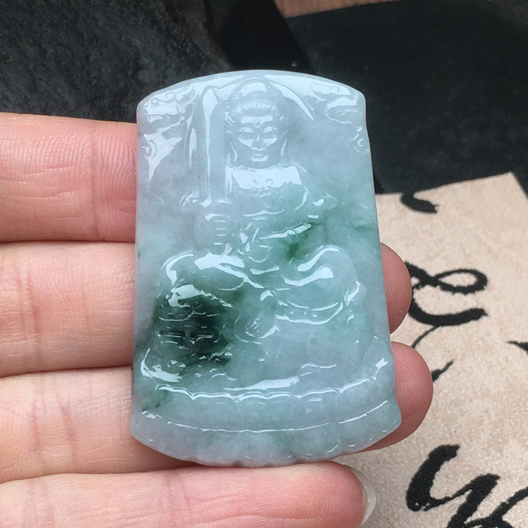 玉石寨玉器翡翠飘花文殊观音吊坠缅甸保真冰糯种老坑A货兔守护神