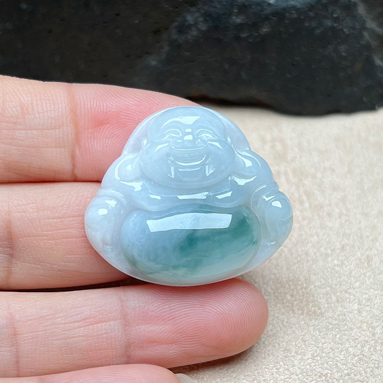 天然缅甸翡翠A货冰糯种飘蓝花佛公吊坠笑佛大肚佛弥勒佛项坠正品