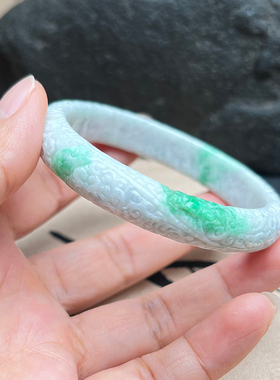 翡翠手镯缅甸玉石A货冰糯种手工雕花复古镯子53.7MM女款玉镯保真