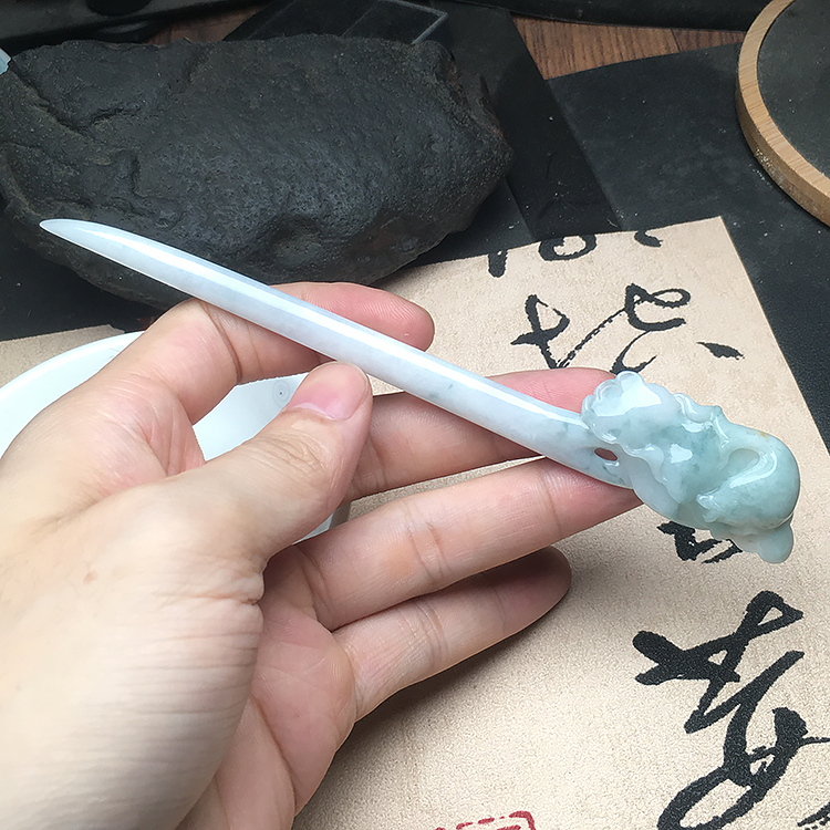 玉石寨A货翡翠冰糯种荷叶鱼发簪