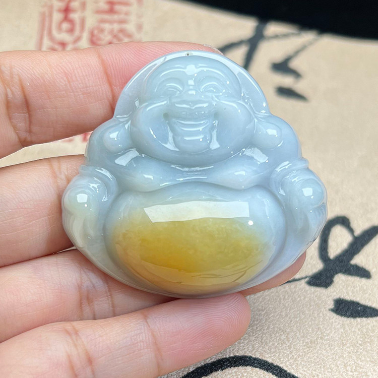 佛公吊坠缅甸翡翠A货冰糯种黄翡弥勒佛项坠招财笑佛玉石大件挂件