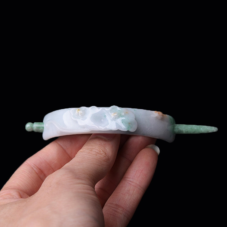 玉石寨玉器冰糯种老坑a货翡翠荷叶发髻缅甸保三彩飘花发饰送证书