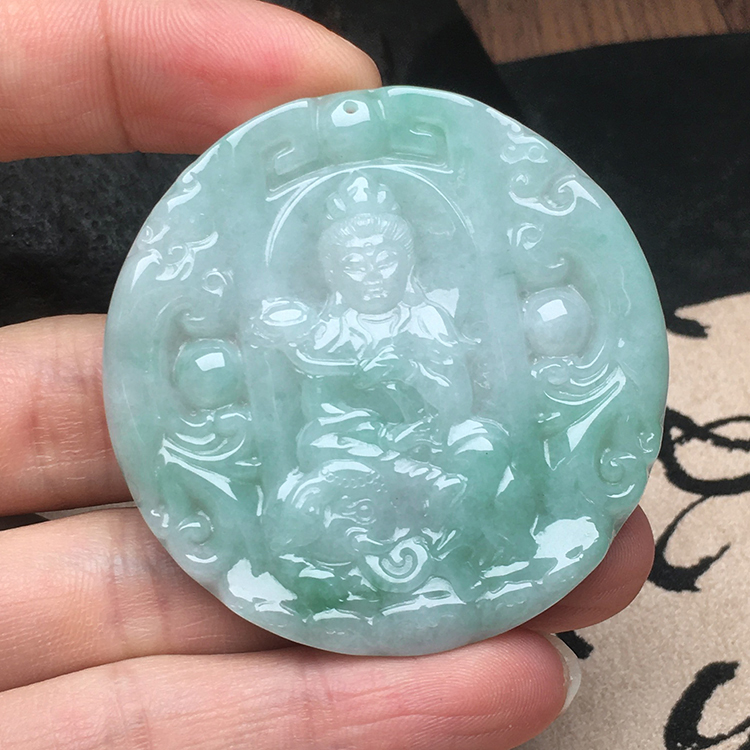 玉石寨玉器A货翡翠普贤观音缅甸保真冰糯种飘花属龙蛇守护神挂件