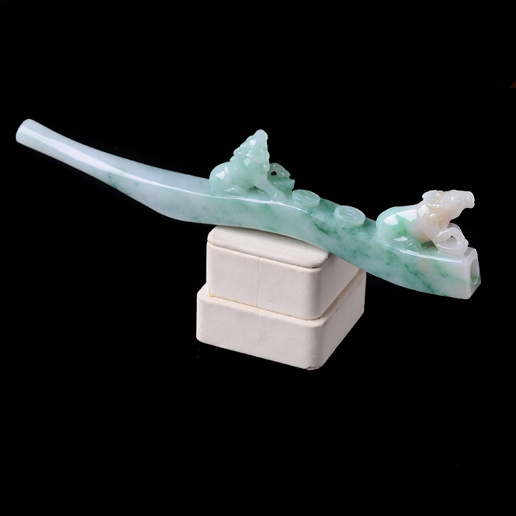 玉石寨玉器老坑冰糯种飘花三彩翡翠牛气冲天烟嘴正品玉牛a货烟枪
