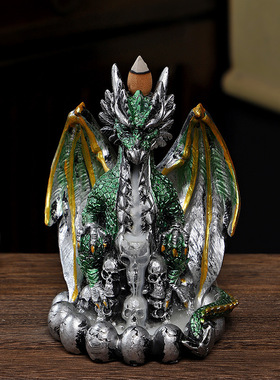 跨境新品战斗龙恐龙香炉摆件、万圣节家居装饰树脂工艺品倒流香炉