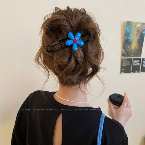 韩系氛围感蓝色花朵鸭嘴夹大号发夹后脑勺发量多一字盘发抓夹头饰