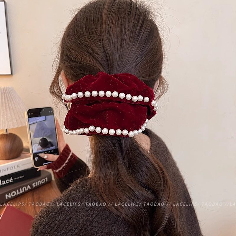 法式优雅珍珠丝绒大肠发圈女温柔气质高级感扎发皮筋高低马尾头饰