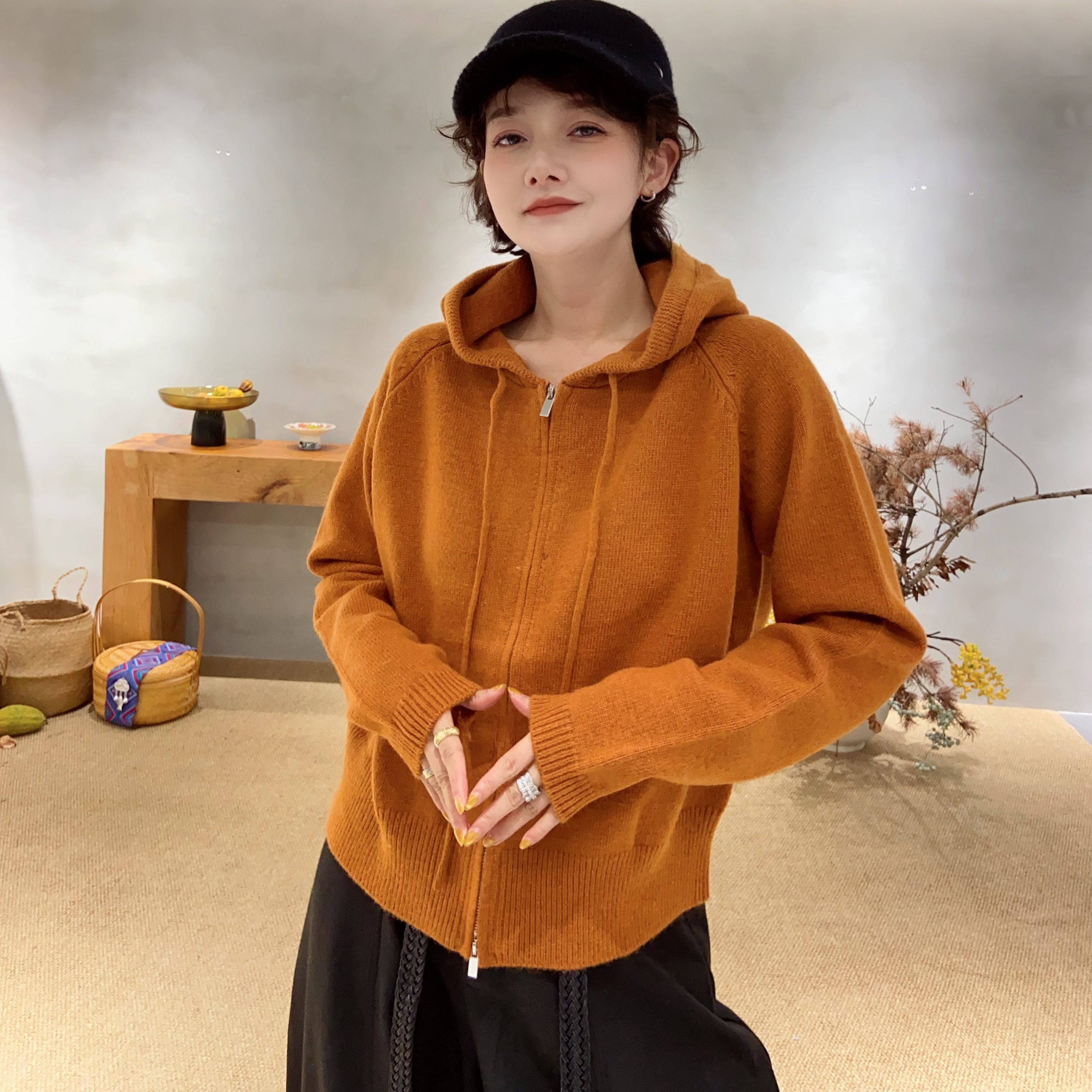 【DD STY 六周年庆专享】羊毛戴帽款抽绳纯色拉链开衫 5392