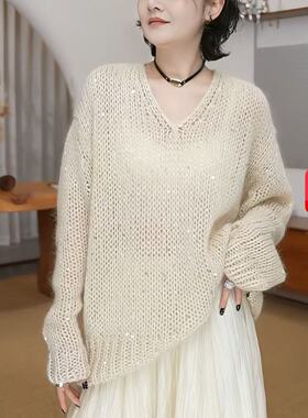 DD STY【早春上新】小众设计V领亮片钩针毛衣 5937