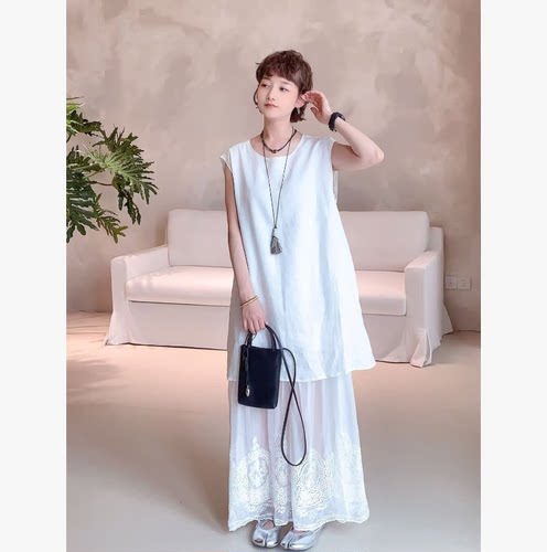 DD STY 【蕾丝漫舞】100%亚麻拼接蕾丝绣花连衣裙 81667-23