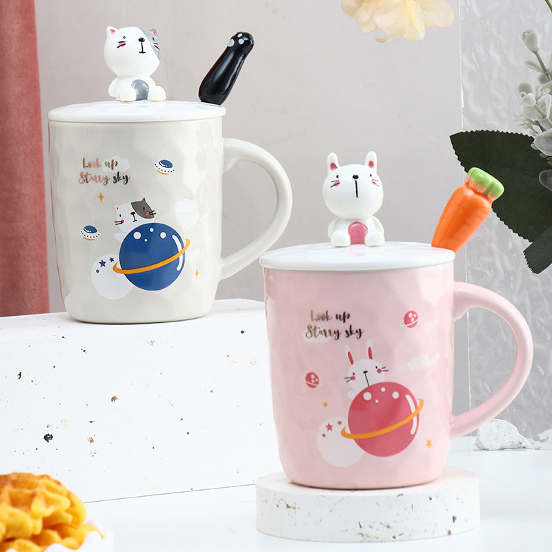 好看杯子女可爱少女家用早餐杯瓷杯带把女生超萌马克杯带盖陶瓷杯