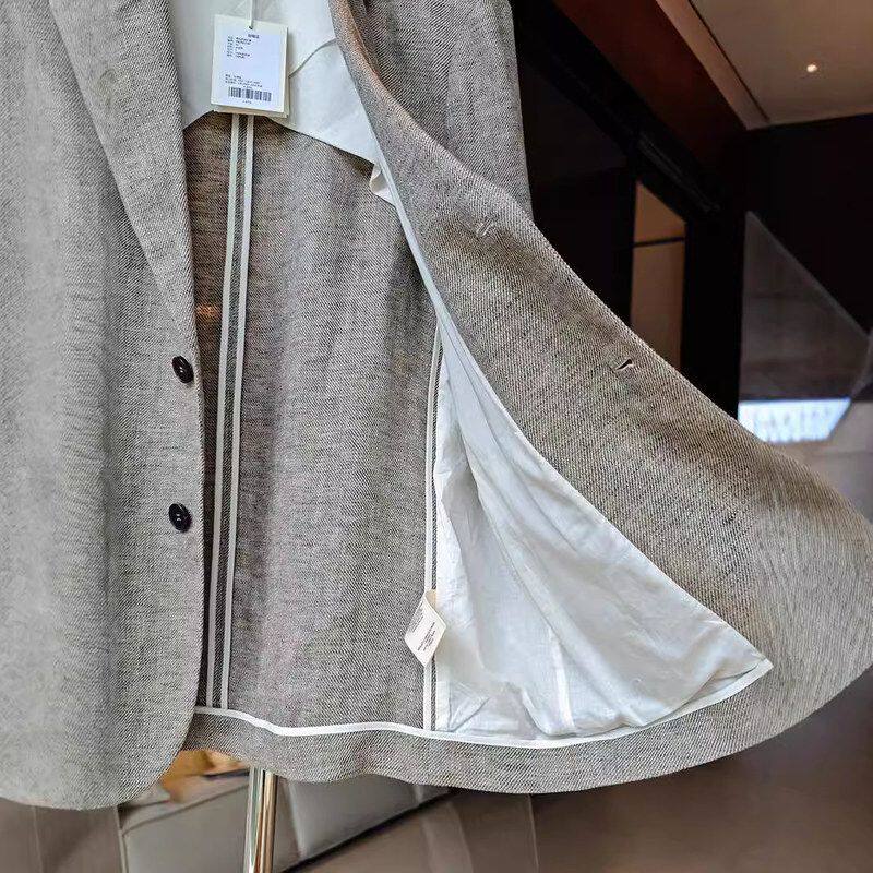 求简亚麻西装意大利面料色织软亚麻小廓形西服外套女上衣知性