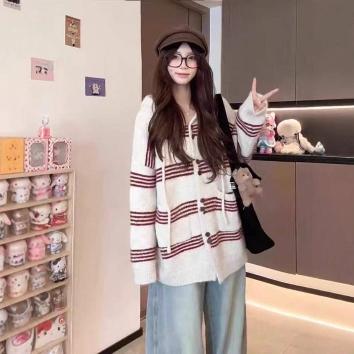 中针长款条纹连帽针织衫冬季2025新款宽松慵懒风软加糯厚织衫上衣