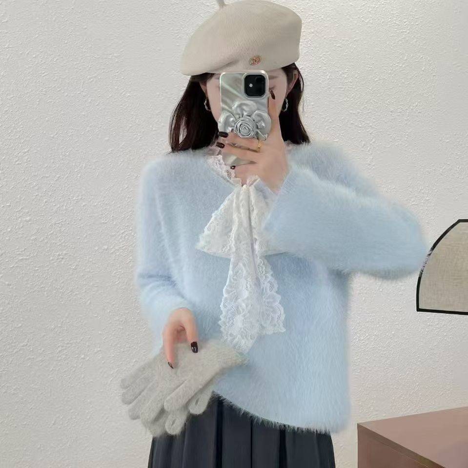 甜美蕾拼接毛舒适衣女秋冬蝴蝶结慵懒宽松针织丝衫绝美上衣