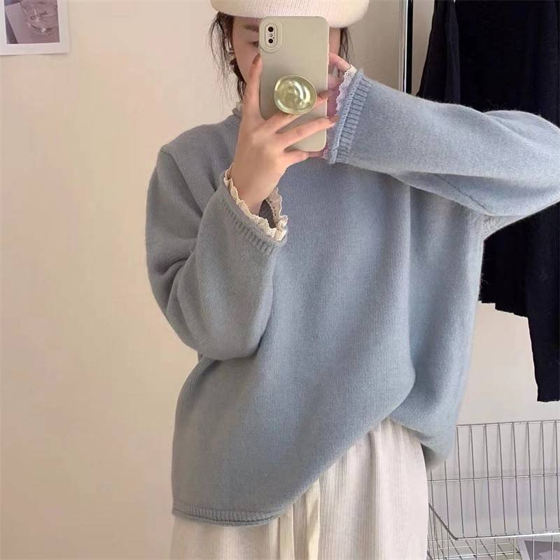 韩国宽东大门甜毛美软糯衣女秋冬新款蕾丝边长袖松打底针织衫