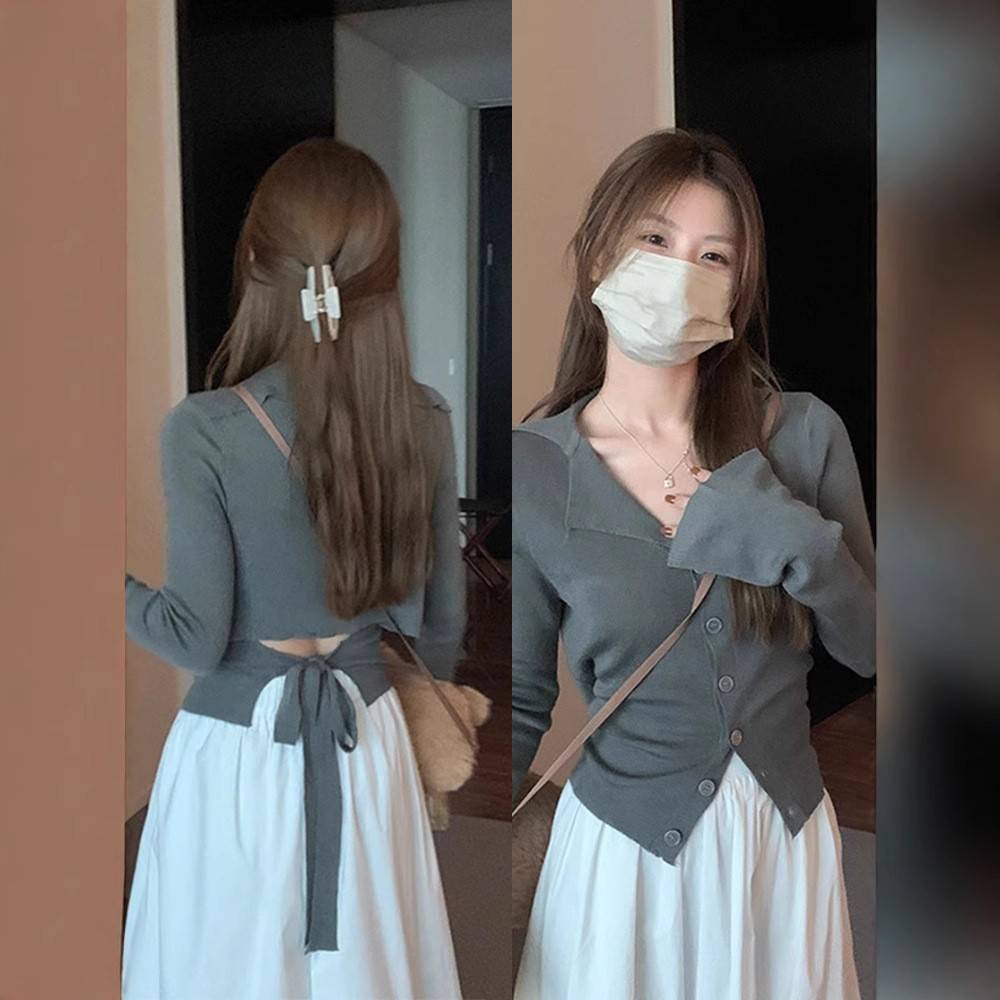 后背镂绑带减针织开衫女秋季修身短款洋气空龄翻领长袖上衣潮