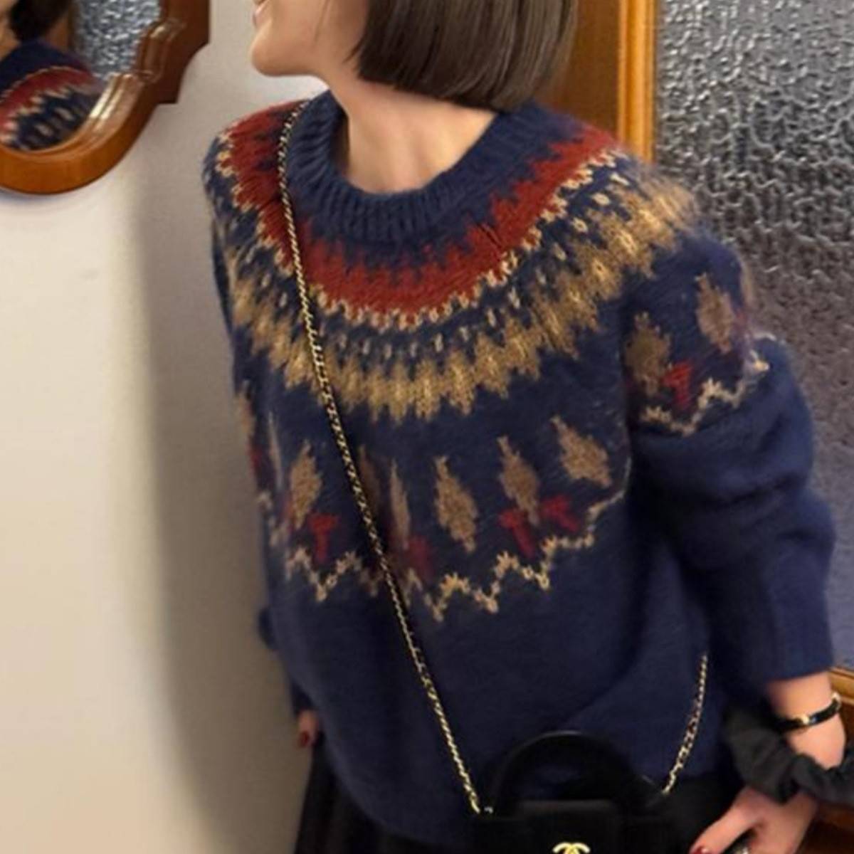 尔岛灰色感仿羊驼费绒毛衣女秋冬设计针织衫女慵懒风漂亮上衣