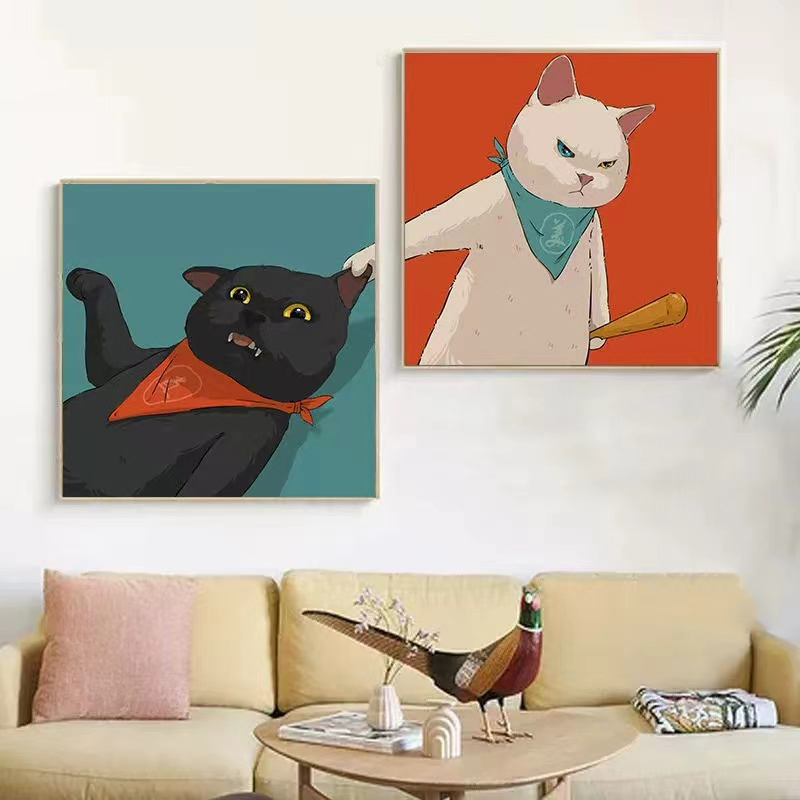 情侣头像卡通装饰画芯卧室挂画客厅可爱猫咪壁画带胶自粘海报油画图片