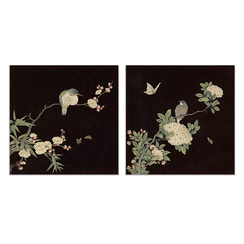 中古风喜上眉梢花鸟儿装饰画芯客厅中式玄关挂画卧室书房定制画布图片