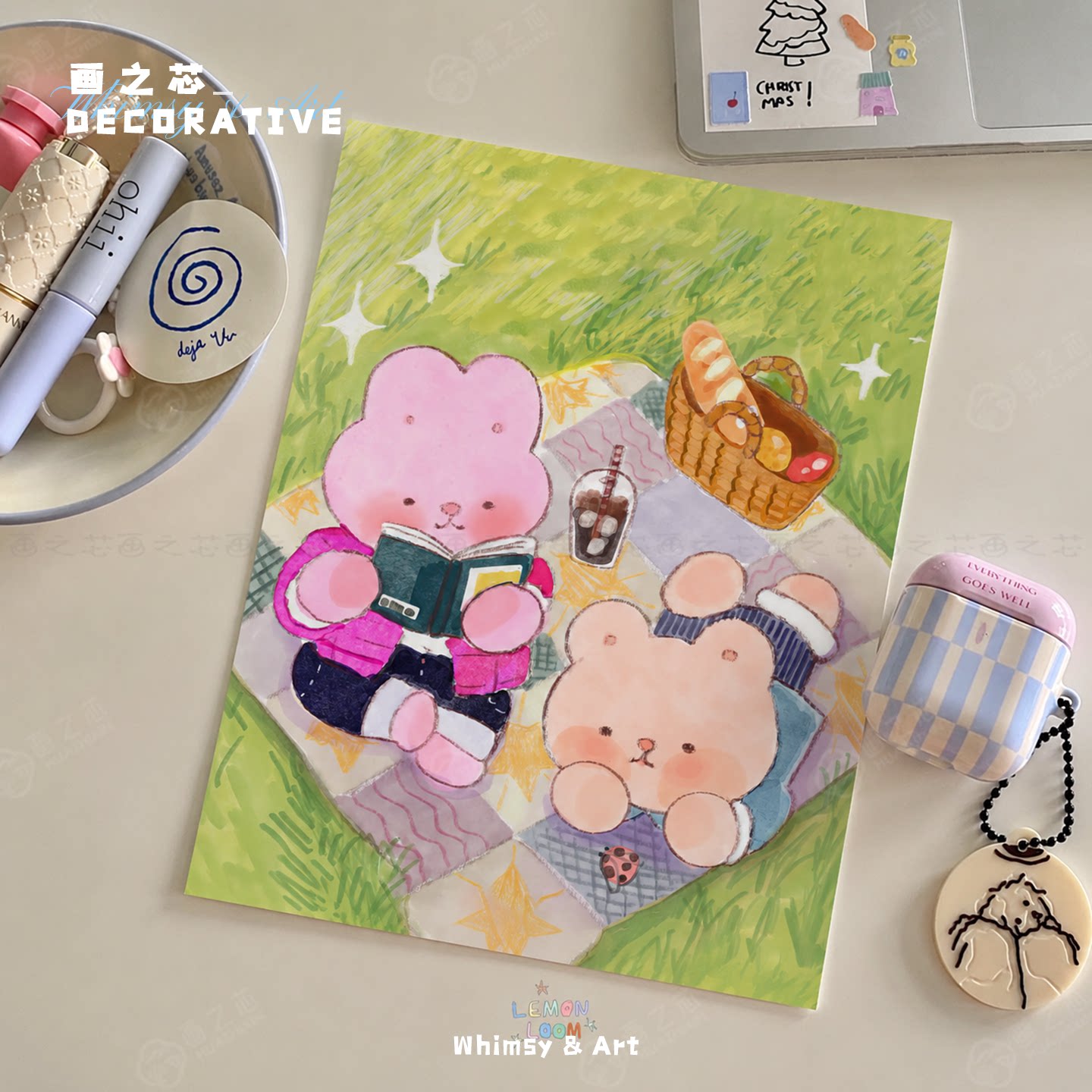 可爱粉色萌宠海报插画甜品治愈风儿童房卧室装饰画芯墙贴壁饰