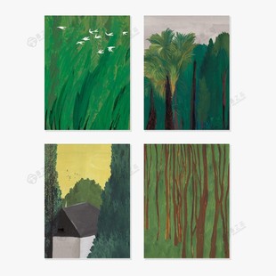 复古绿意抽象治愈系风景插画卧室客厅装饰画插画画芯自粘背胶海报