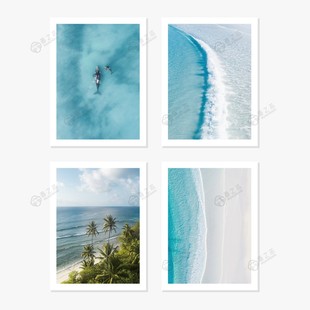 极简摄影风海岸沙滩椰林风景画客厅玄关卧室装饰画芯海报墙贴自粘