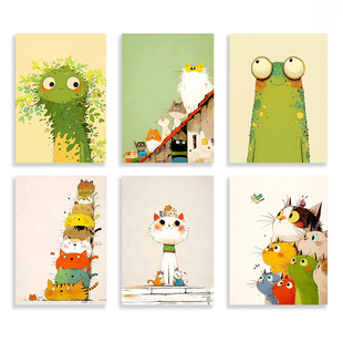 可爱卡通猫咪儿童房卧室小动物治愈小清新猫猫装饰画画芯自粘海报