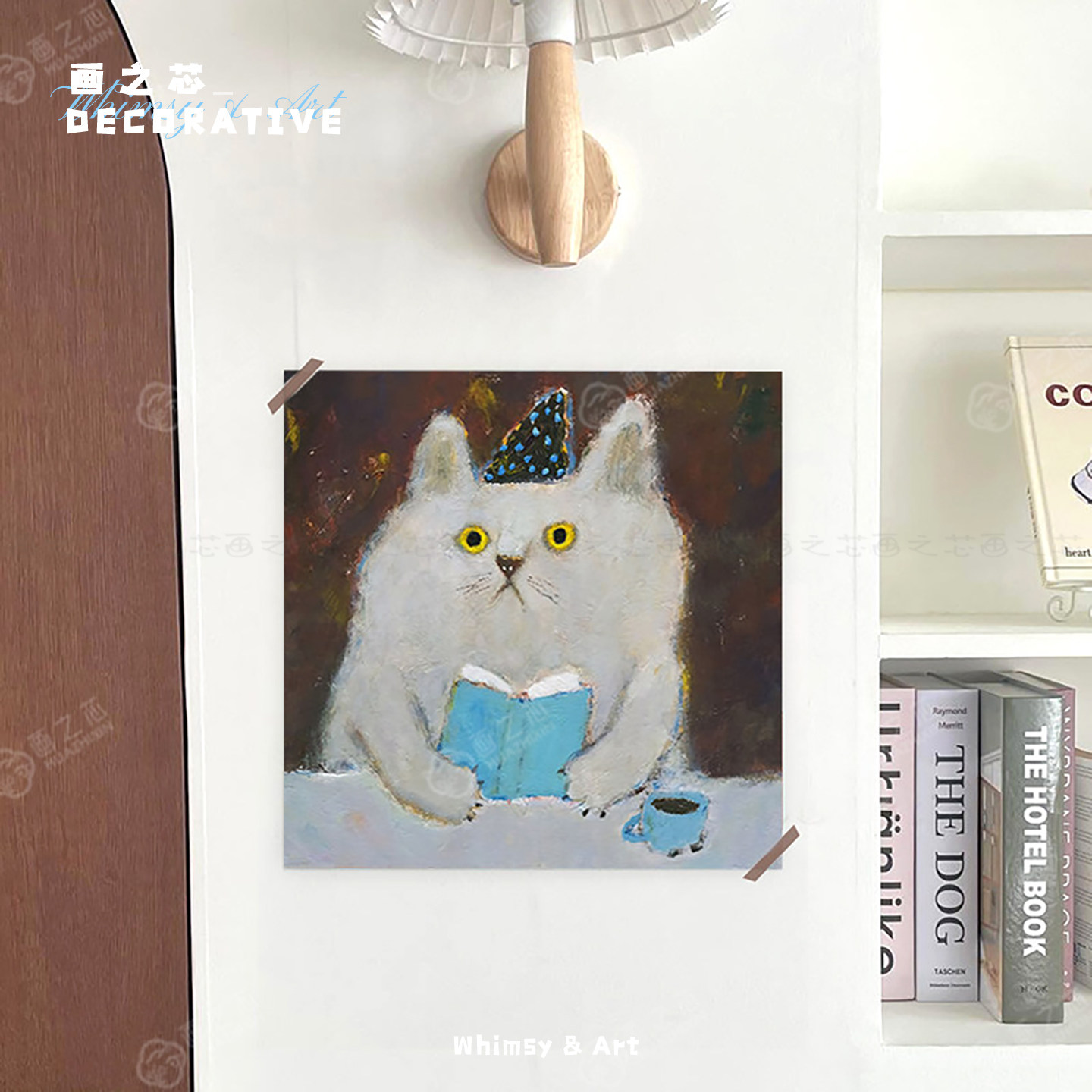 呆萌猫咪头像油画芯布海报简约现代原木奶油餐厅装饰挂画打印定制