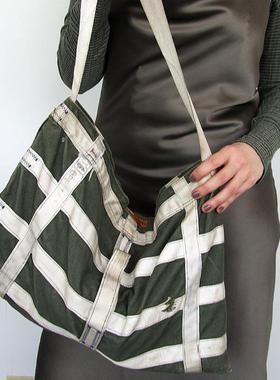 哈伯㊣日本PUEBCO 拼接环保布袋大容量斜挎帆布格子包休闲便携