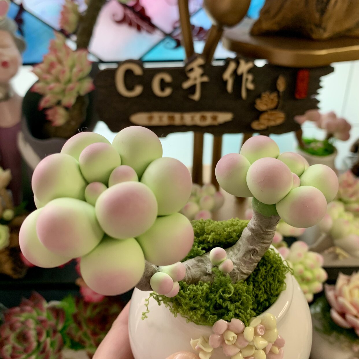 桃蛋粘土手工仿真花圆滚滚假奶酪多肉仿生劳尔摆件永生花盆栽组合