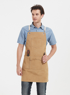 交叉真皮肩带帆布围裙定做logo印字咖啡师奶茶店家用男女工作围腰