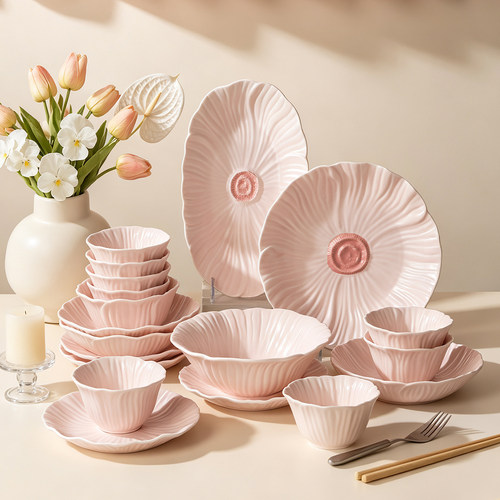 奶油风粉色花瓣陶瓷碗碟餐具套装