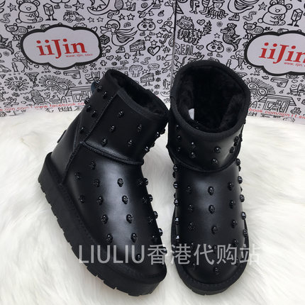 iijin百搭款雪地靴女增高真皮厚底短筒靴防水骷髅头打钉女鞋7cm