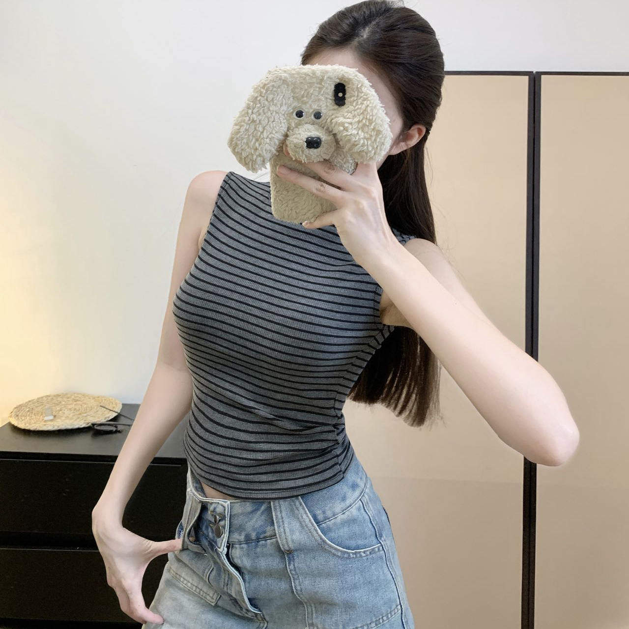 韩版高领条纹美背吊带背心女外穿带胸垫修身弹力性感百搭无袖上衣