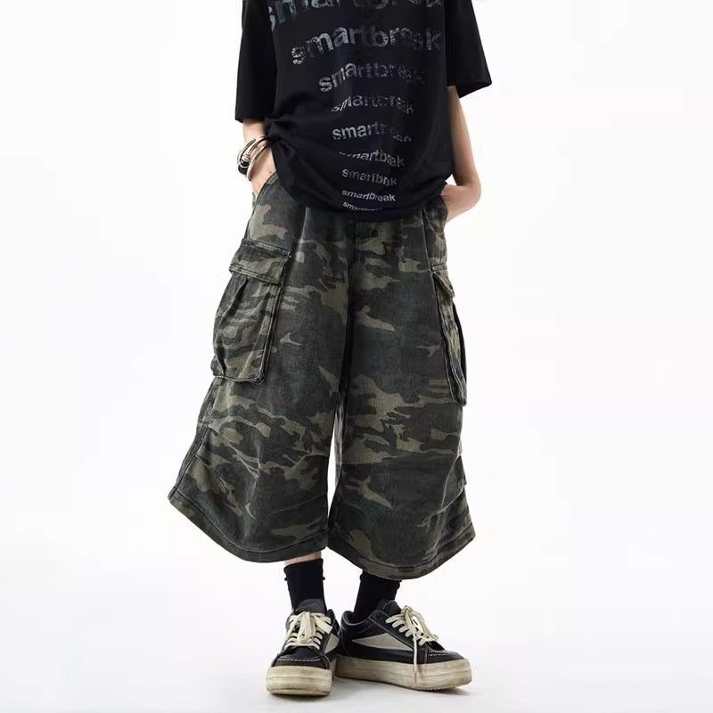 美式复古迷彩七分牛仔裤男新款宽松休闲工装短裤做旧直筒阔腿裤子